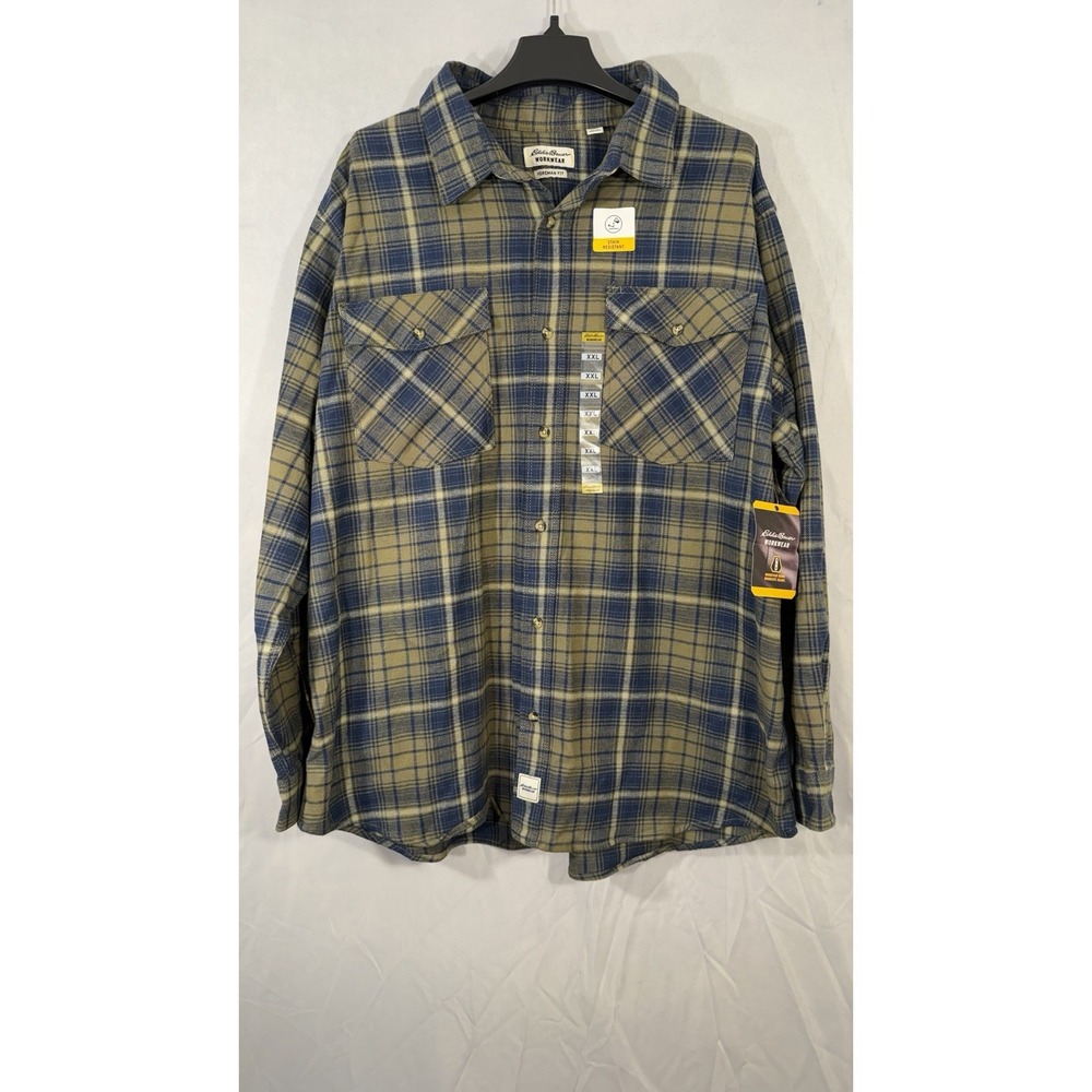 eddie bauer workwear foreman fit Flannel Stain Resistant Size 2XL Blue Plaid NEW